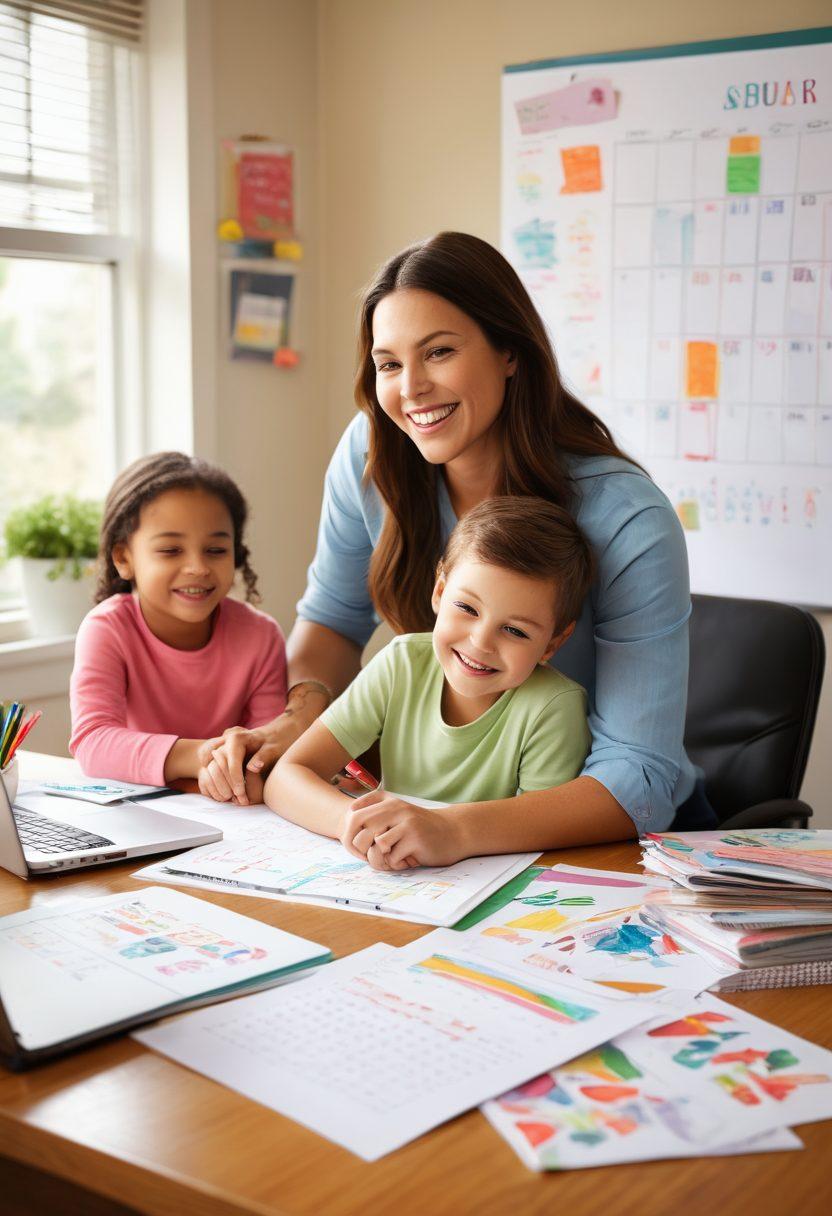 A serene office environment showcasing a working parent joyfully interacting with their children, illustrating family support. Add elements like a calendar marked with FMLA dates and a balanced scale symbolizing work-life harmony. The background includes soft, inviting colors with natural light streaming in, creating a warm atmosphere. super-realistic. vibrant colors. warm tones.