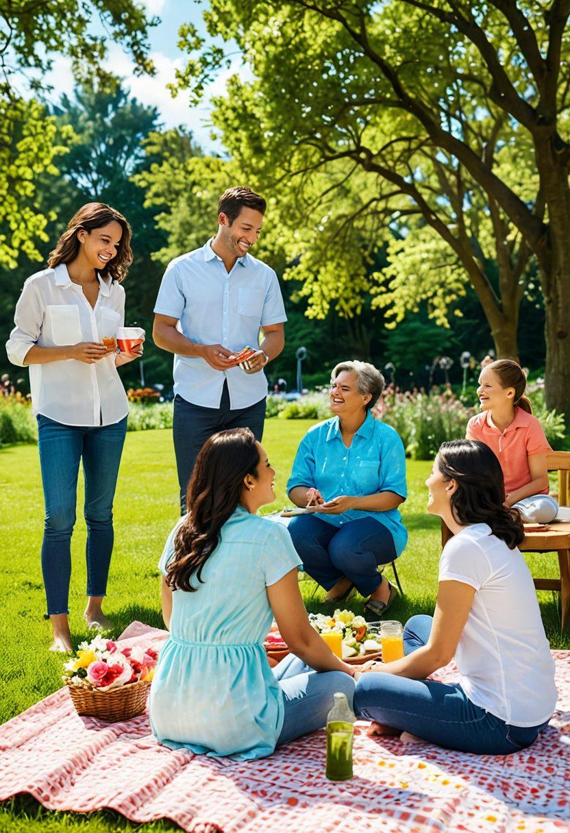 A serene scene depicting a joyful family enjoying a picnic in a sunlit park, surrounded by lush greenery. In the background, a diverse group of employees collaborate harmoniously in a modern office space, symbolizing work-life balance. The sky is bright with fluffy clouds, emphasizing peace and happiness. The image should convey warmth and empowerment, reflecting the theme of family welfare. vibrant colors. super-realistic.