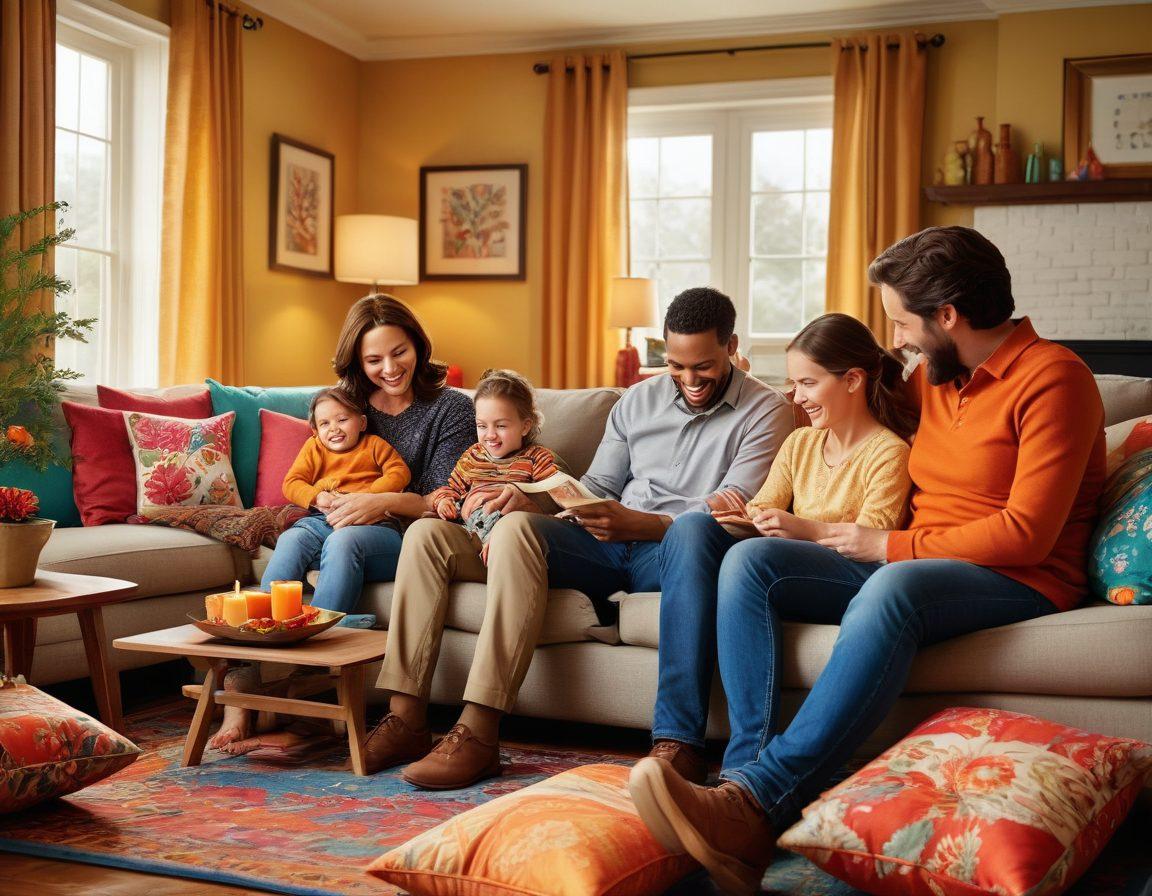 A joyful family gathered together in a cozy living room filled with vibrant colors, showcasing a mother and father spending quality time with their children, highlighting the joy of family leave. In the background, a calendar marked with 'Paid Family Leave' stands out, symbolizing job security and benefits. Emphasize warmth, happiness, and togetherness. super-realistic. vibrant colors. cozy atmosphere.